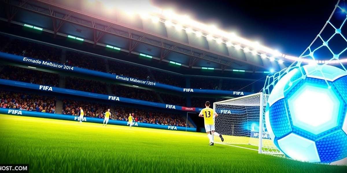 FIFA World Cup 2014 gameplay showing an exciting match in a Brazilian stadium, featuring FIFA World Cup 2014 watermark